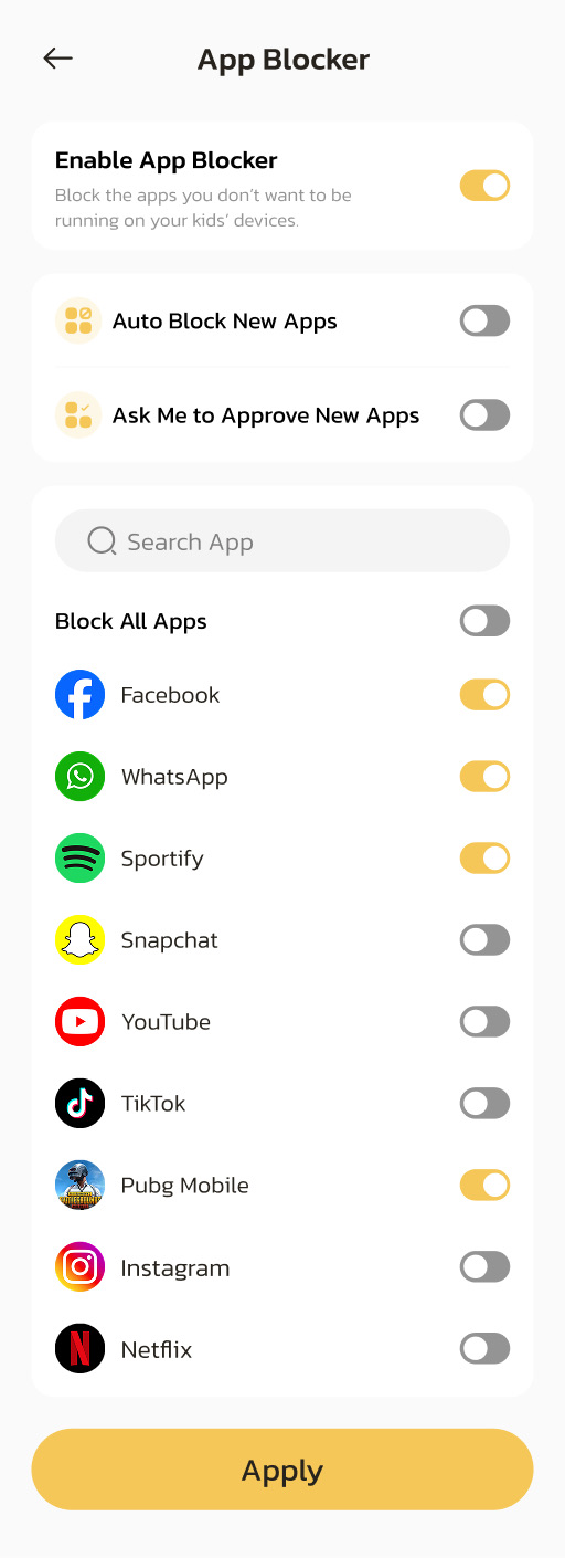 App Blocker parental control screen with individual app access controls