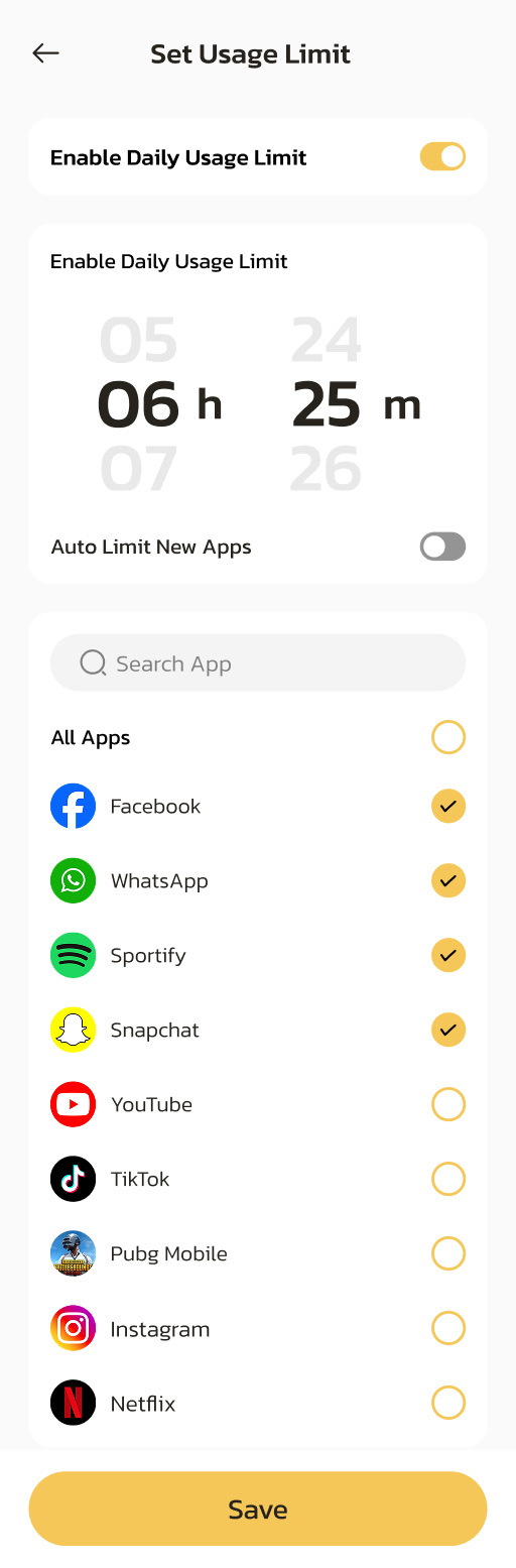 Daily Limit screen for choosing app time allowances