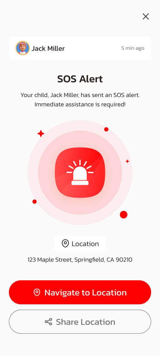 SOS Alert received by a parent with emergency location actions